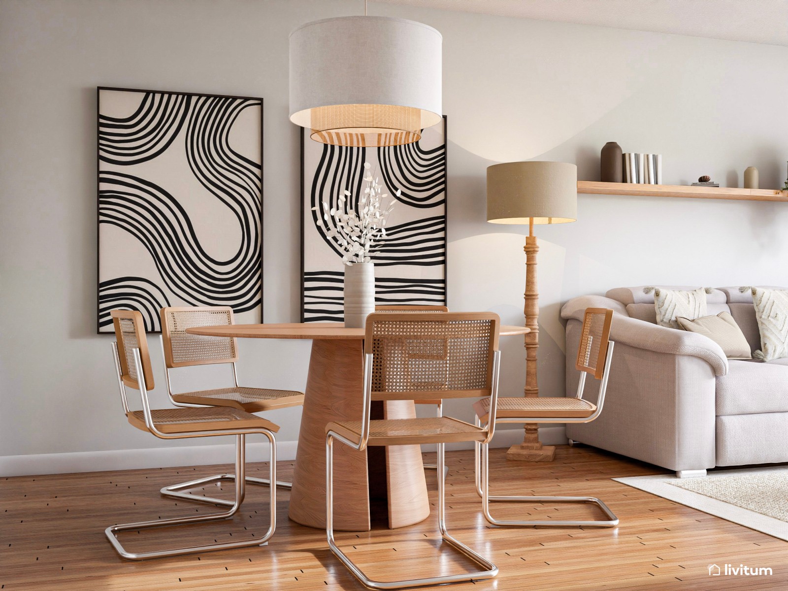 Acogedor salón con comedor redondo y piezas de diseño