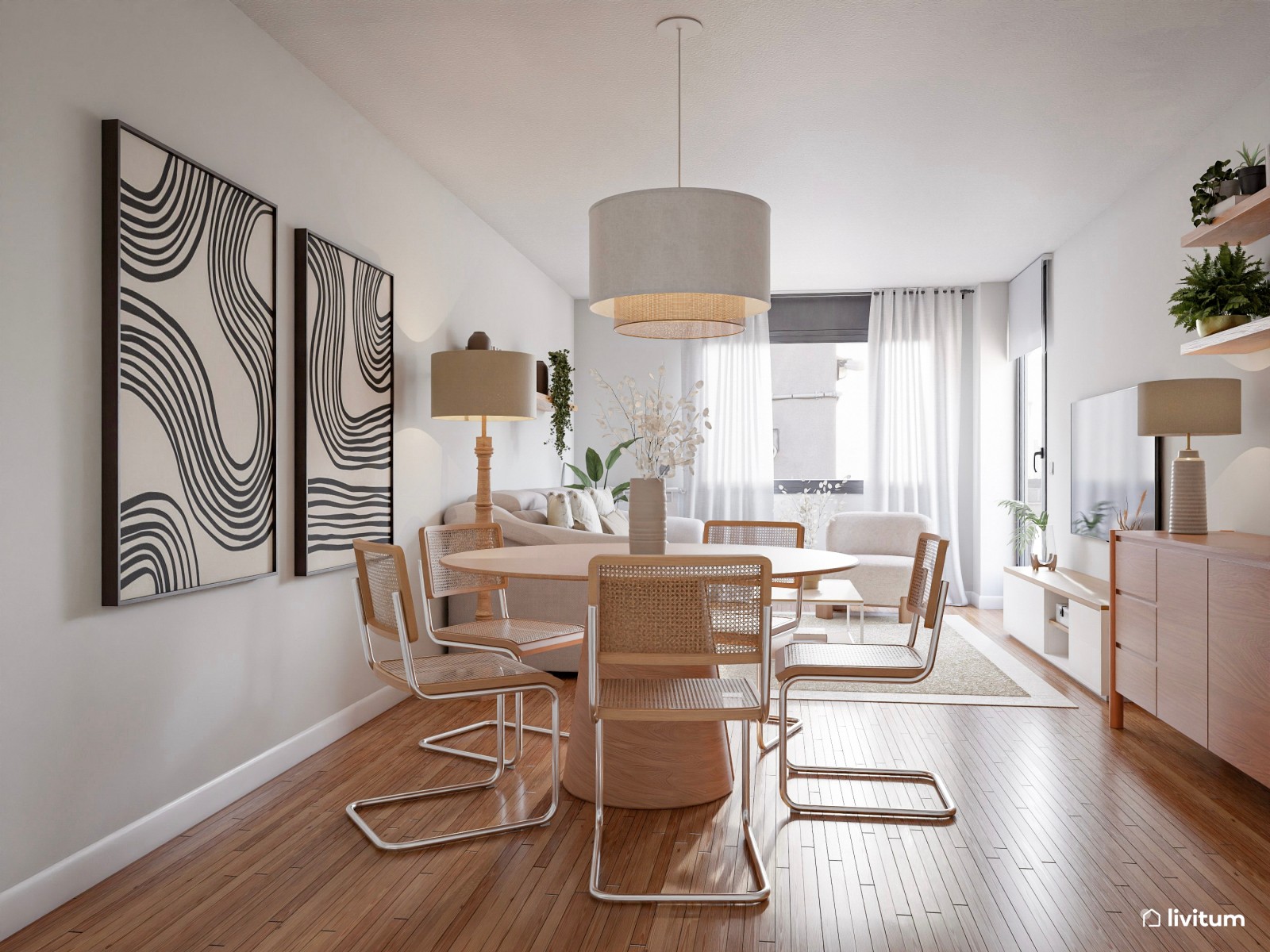 Acogedor salón con comedor redondo y piezas de diseño