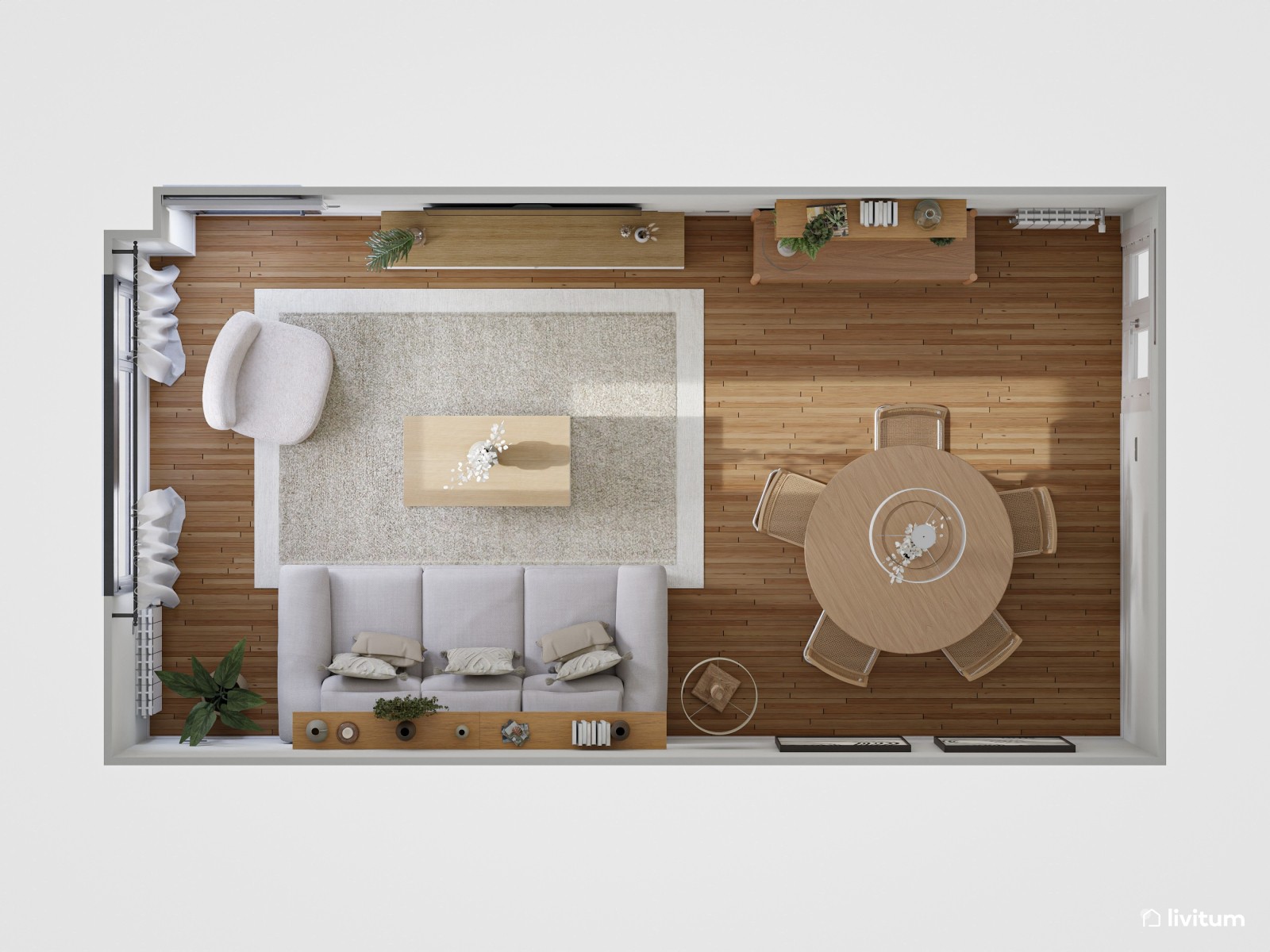 Acogedor salón con comedor redondo y piezas de diseño