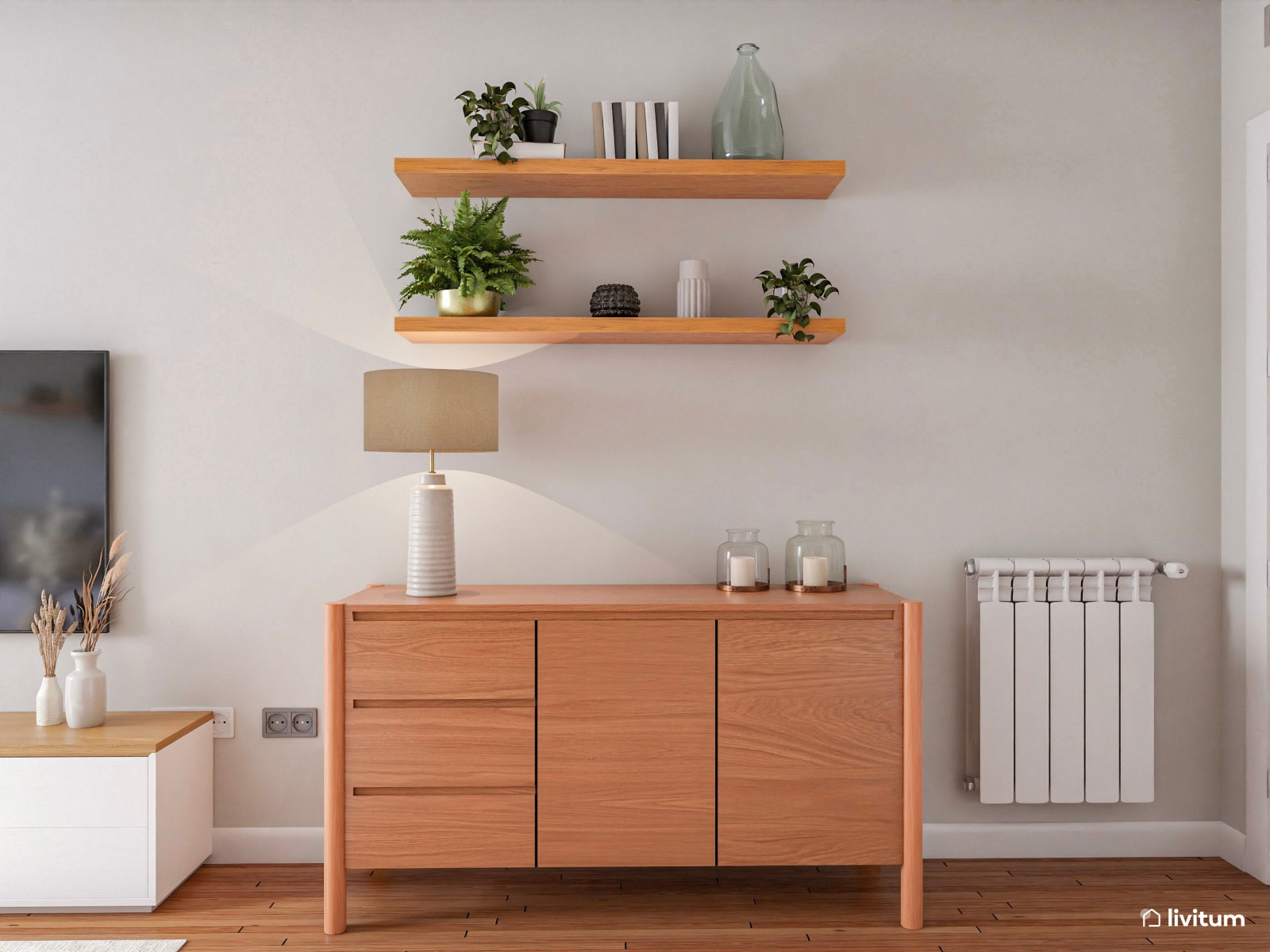 Acogedor salón con comedor redondo y piezas de diseño