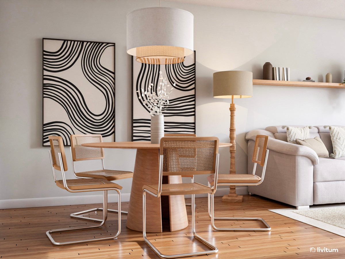 Acogedor salón con comedor redondo y piezas de diseño