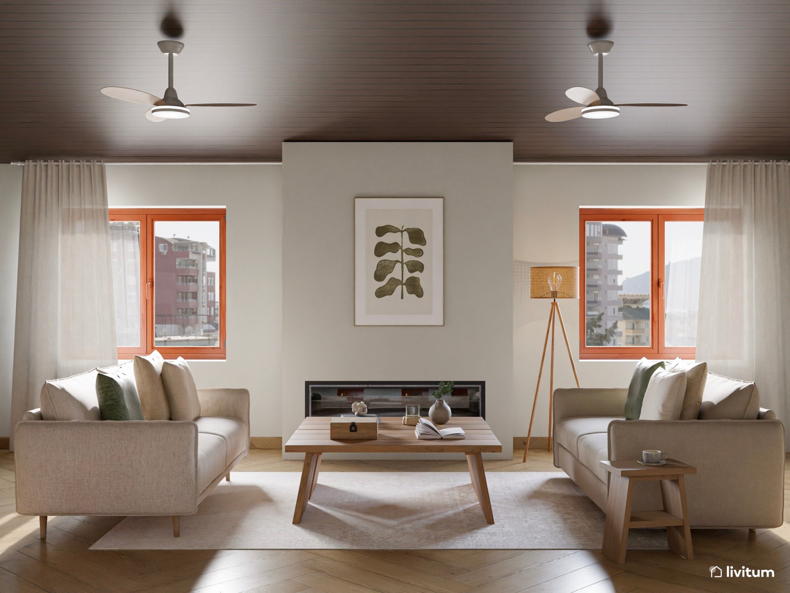 Acogedor salón con detalles rústicos en madera envejecida