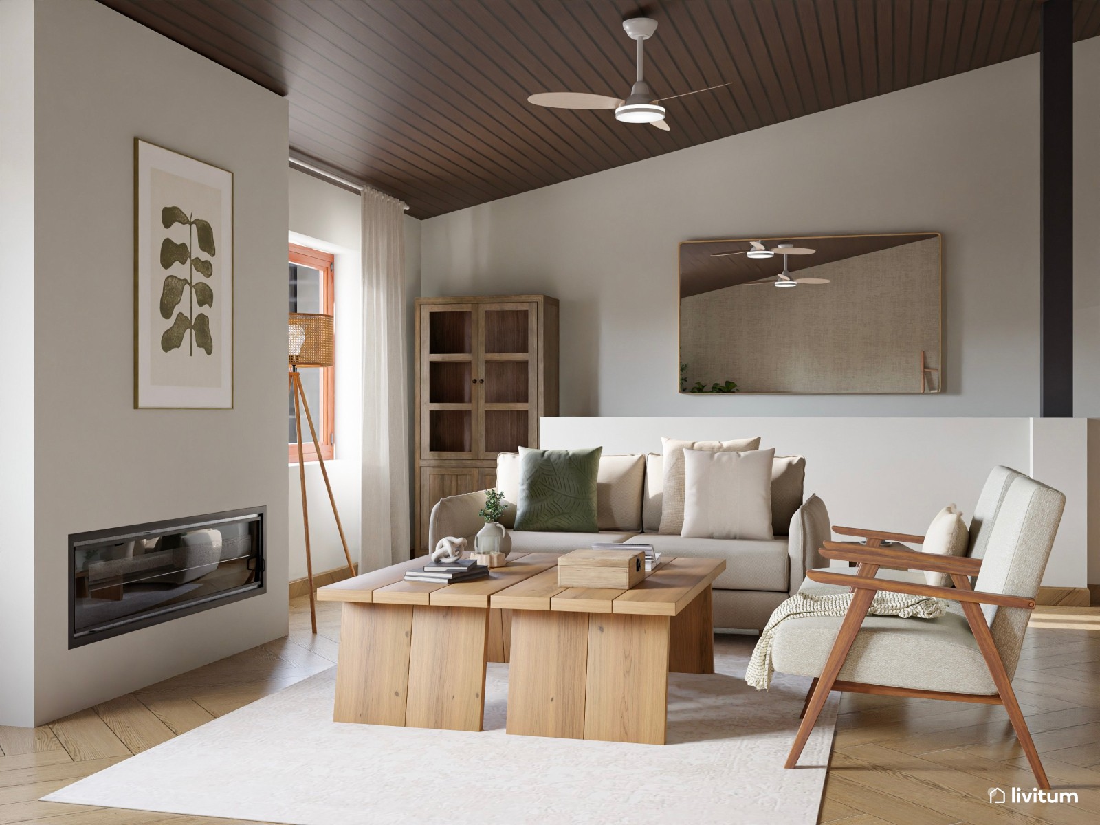 Acogedor salón con detalles rústicos en madera envejecida