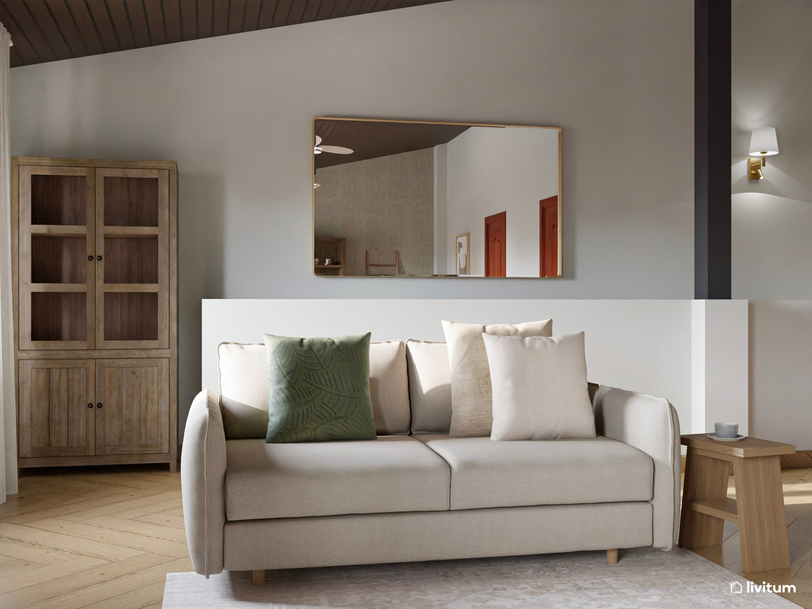 Acogedor salón con detalles rústicos en madera envejecida
