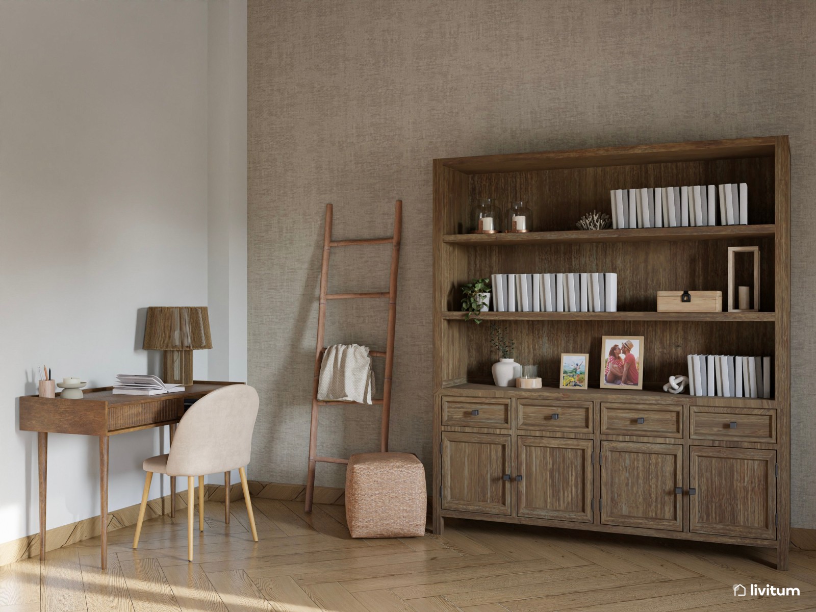 Acogedor salón con detalles rústicos en madera envejecida