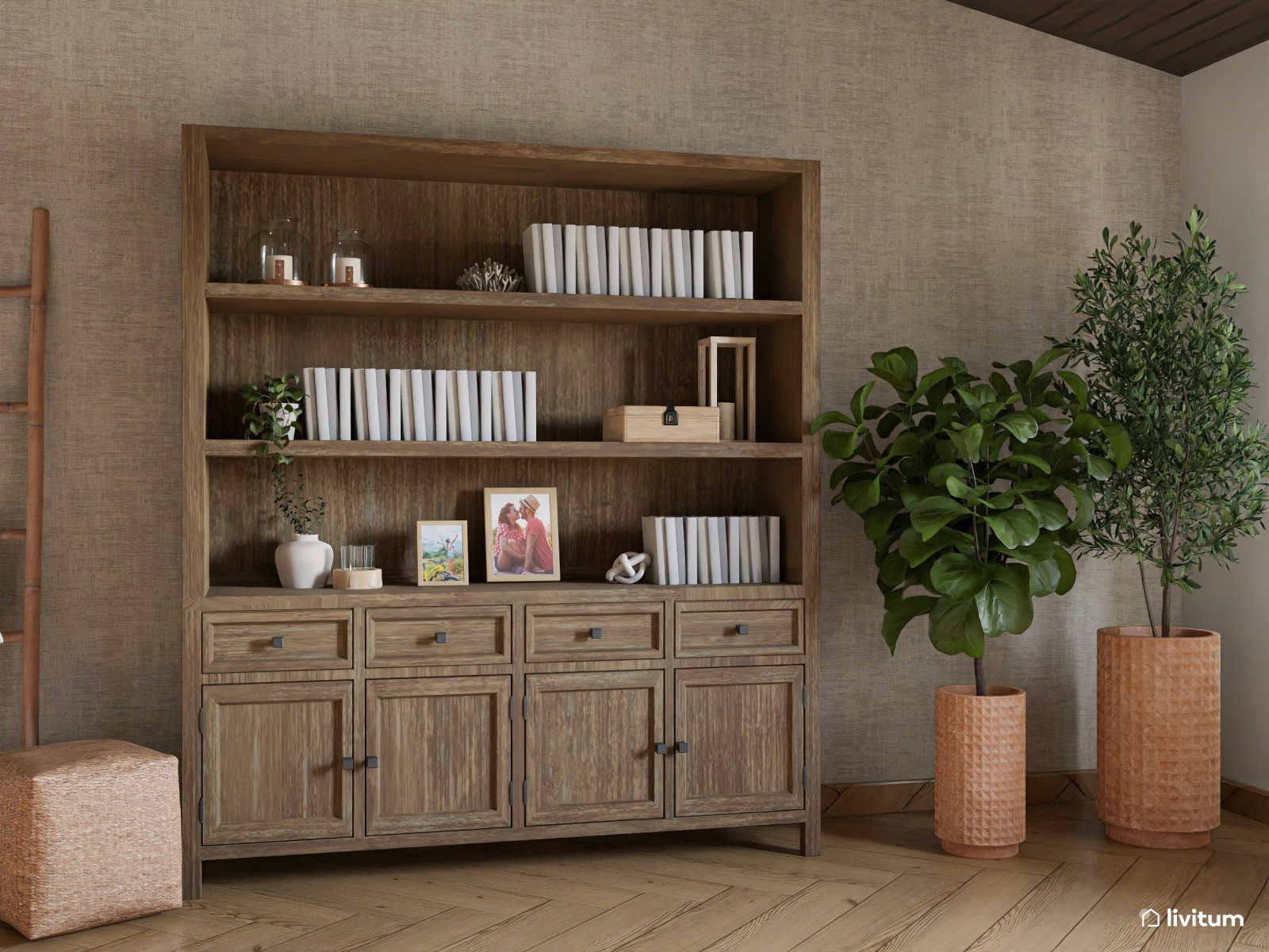 Acogedor salón con detalles rústicos en madera envejecida