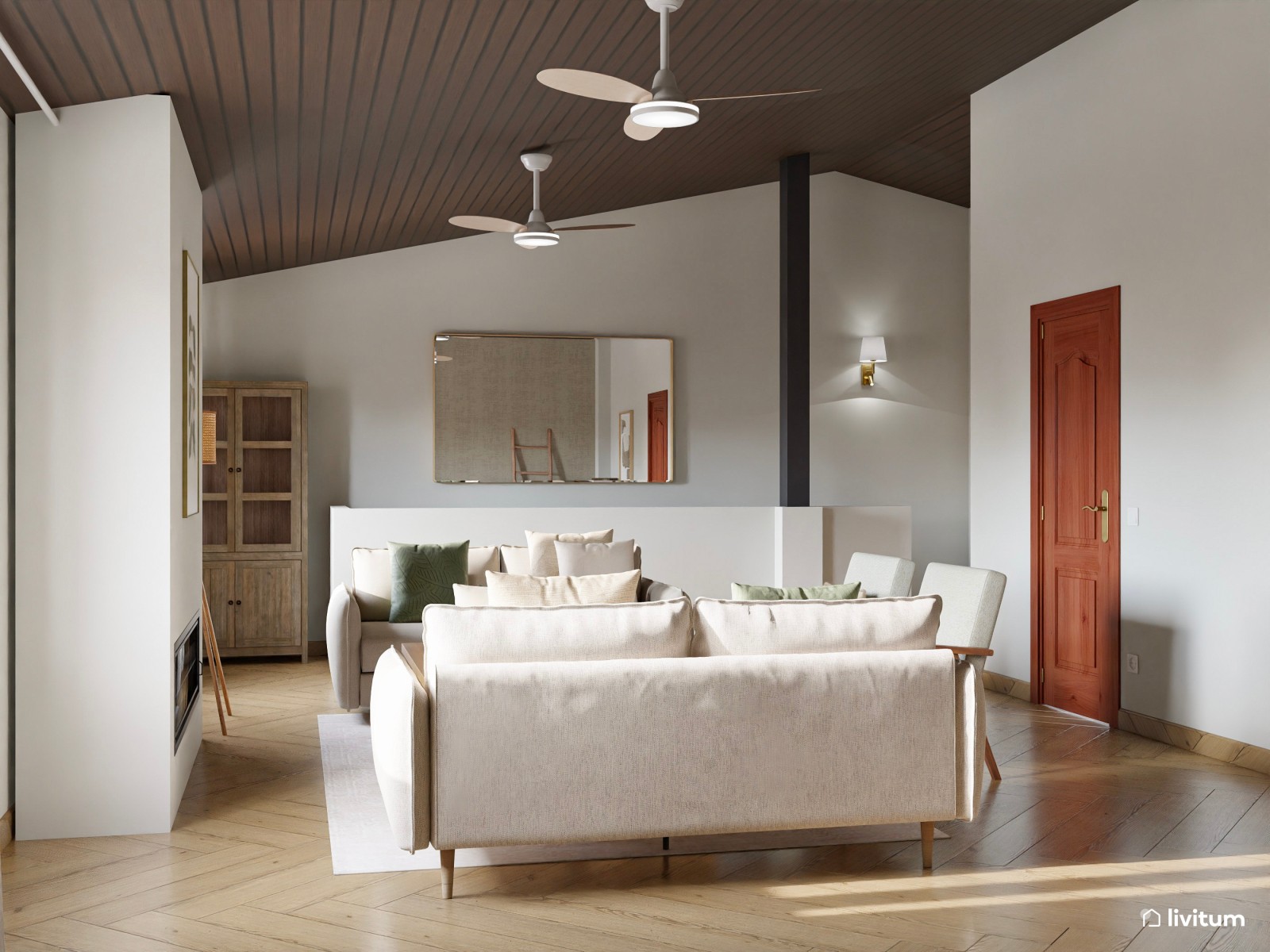 Acogedor salón con detalles rústicos en madera envejecida