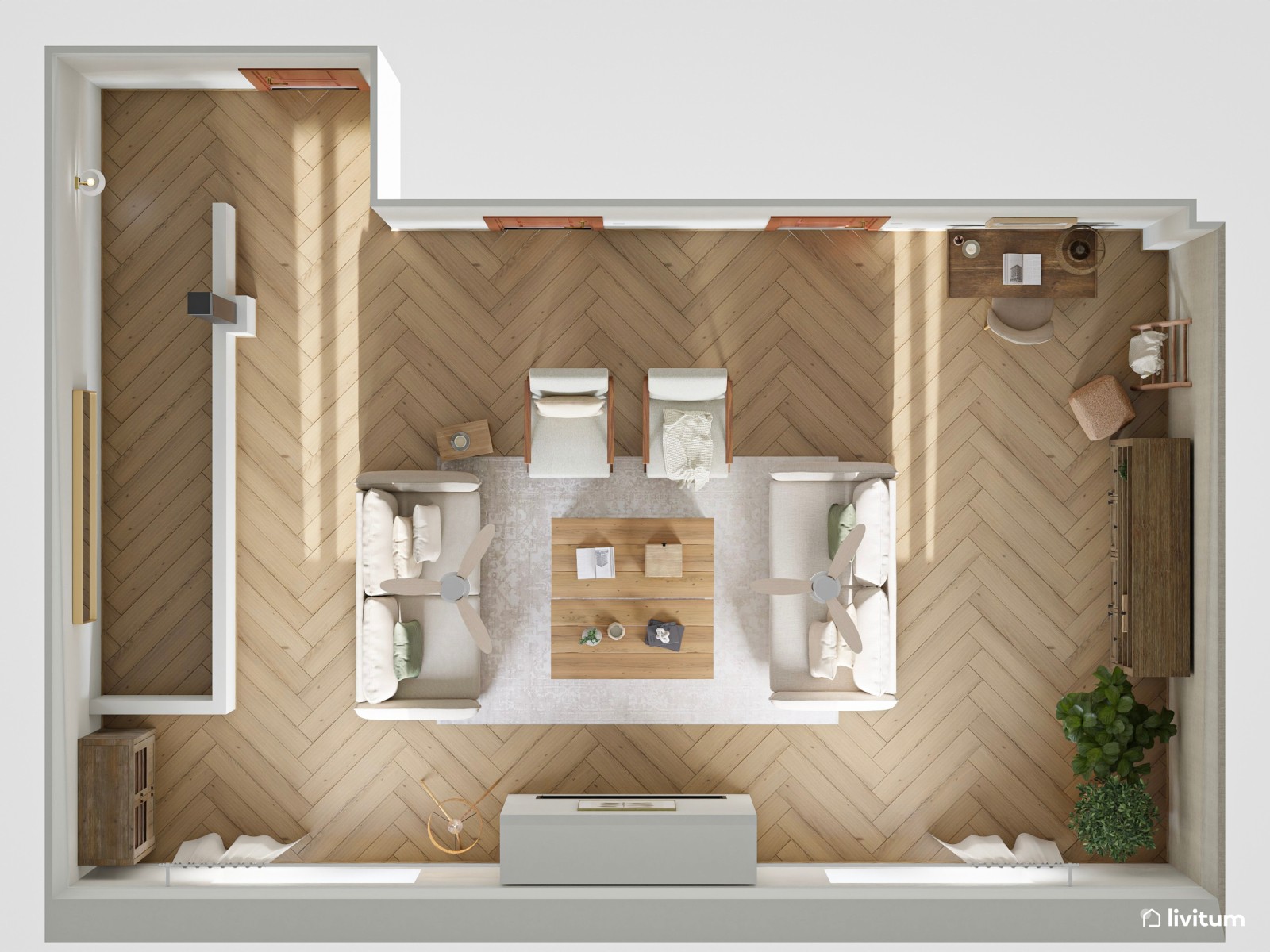 Acogedor salón con detalles rústicos en madera envejecida