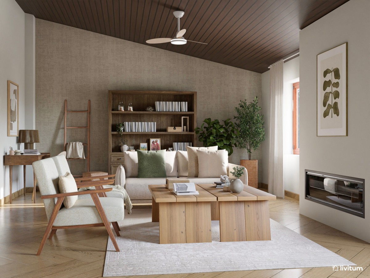 Acogedor salón con detalles rústicos en madera envejecida