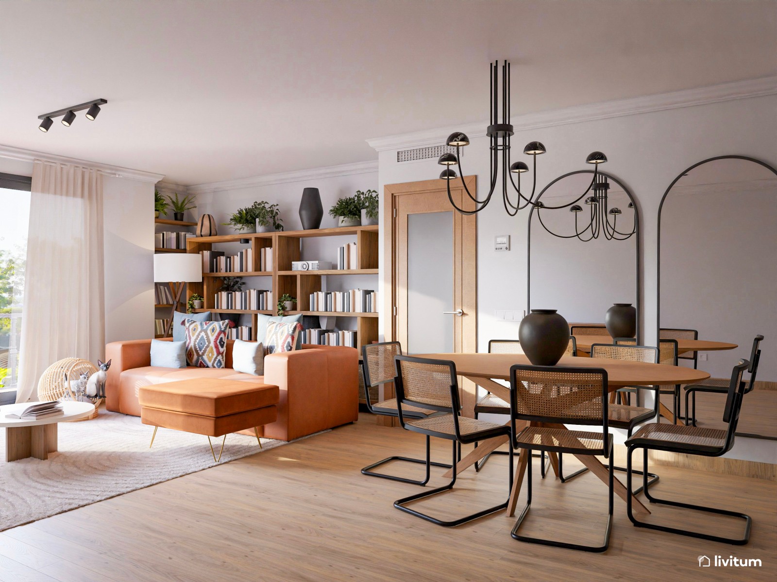 Acogedor salón de aires mid-century con detalles oscuros