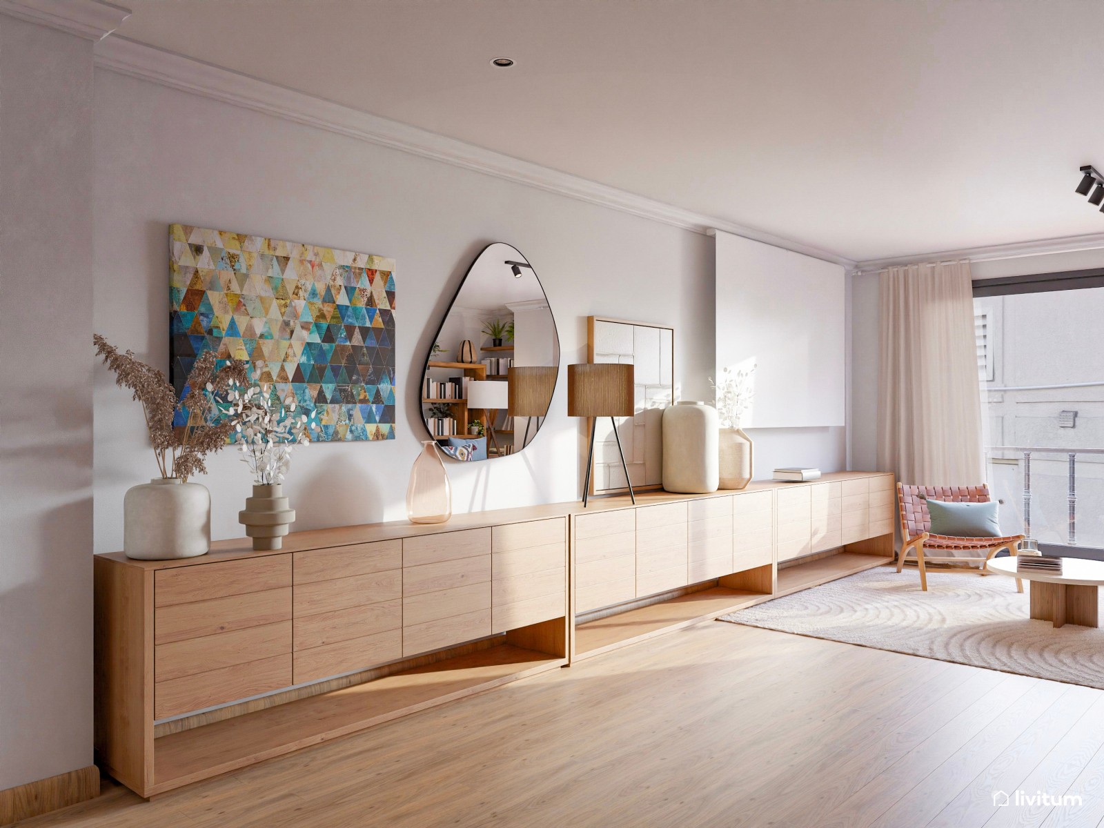 Acogedor salón de aires mid-century con detalles oscuros
