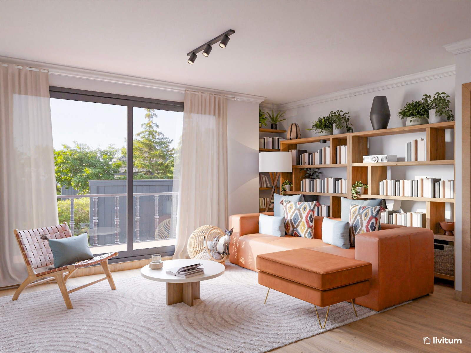 Acogedor salón de aires mid-century con detalles oscuros