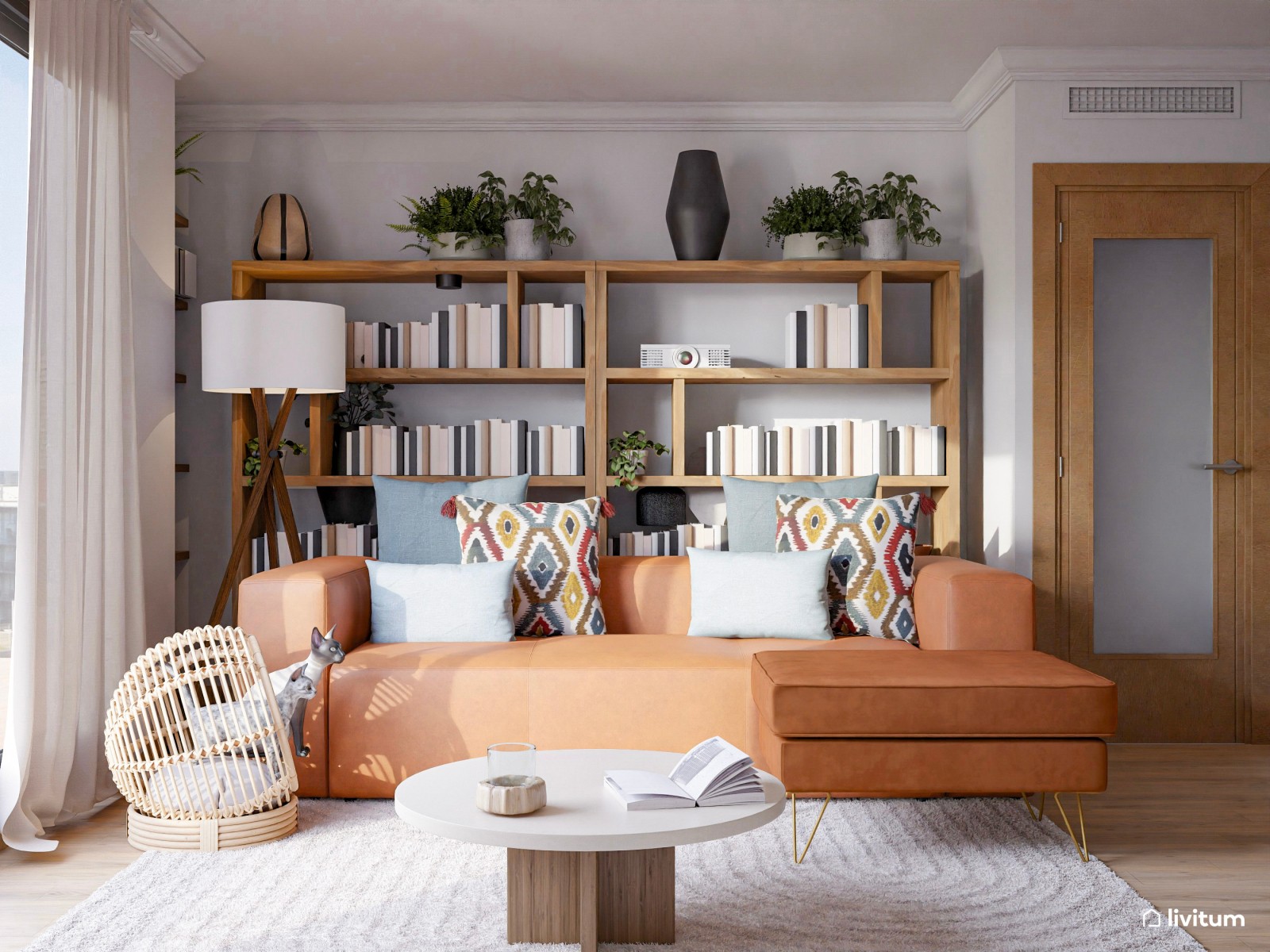 Acogedor salón de aires mid-century con detalles oscuros