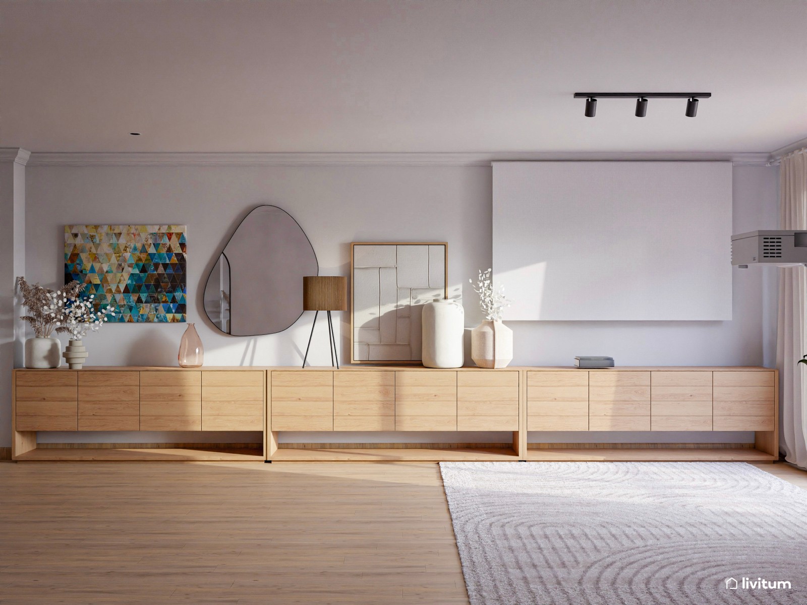 Acogedor salón de aires mid-century con detalles oscuros