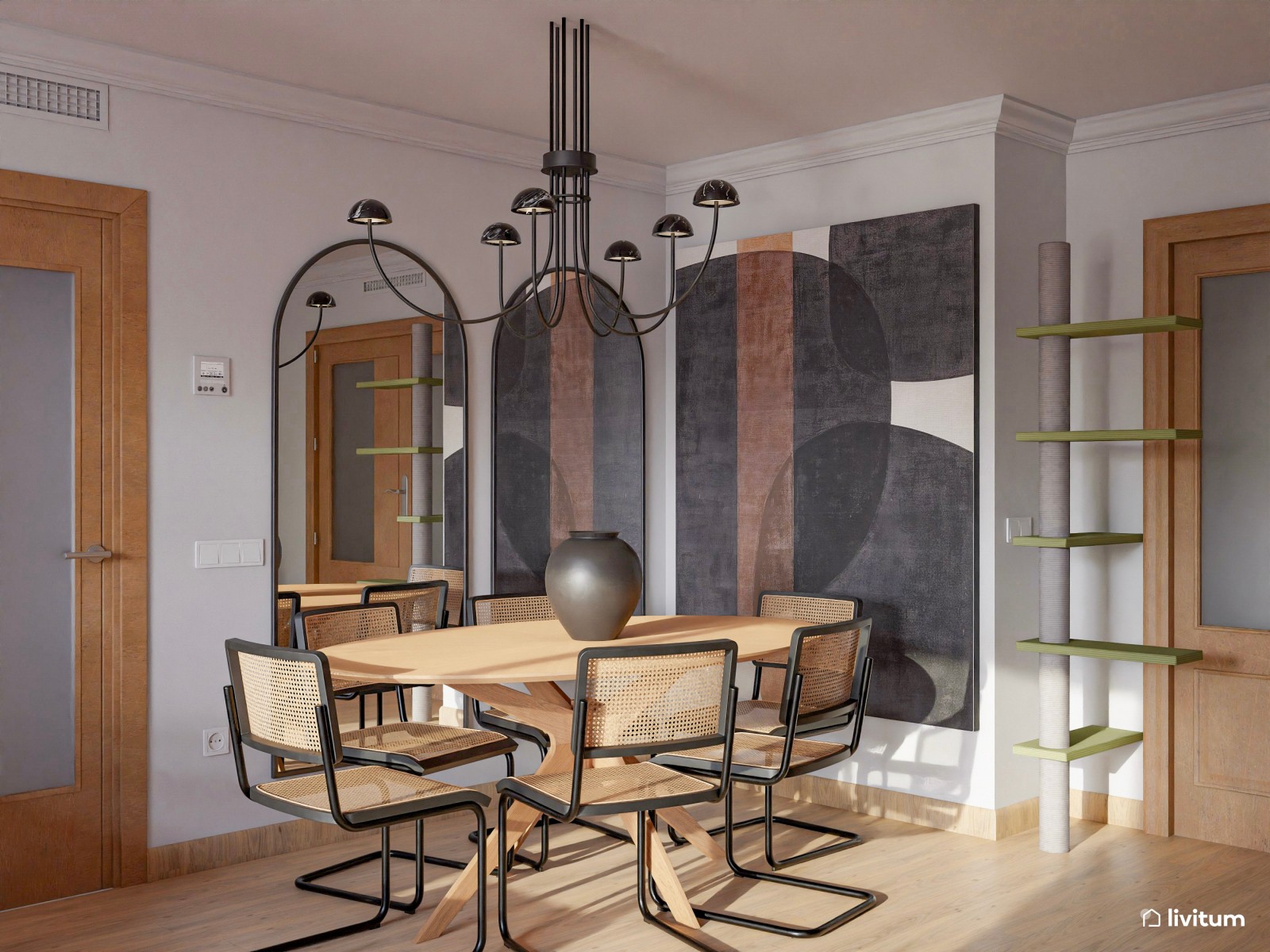 Acogedor salón de aires mid-century con detalles oscuros