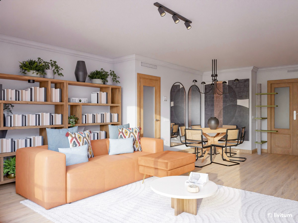 Acogedor salón de aires mid-century con detalles oscuros