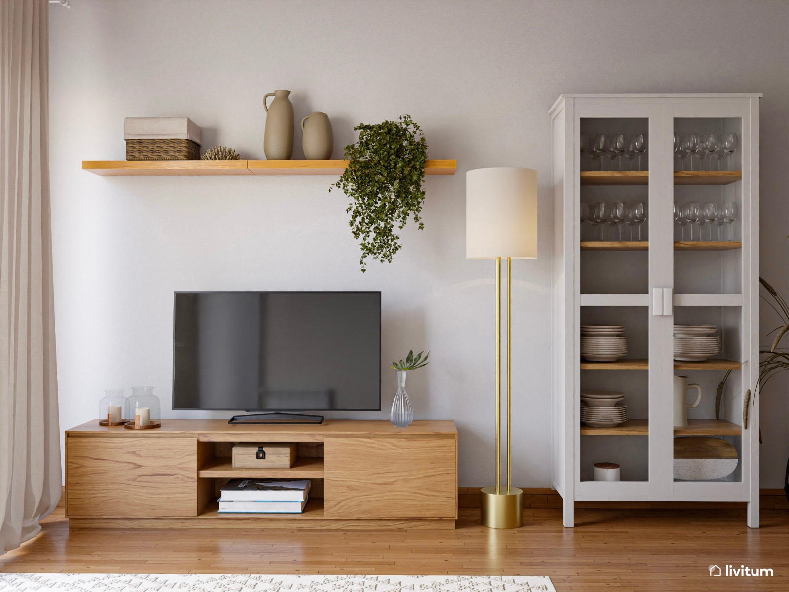 Acogedor salón de madera con iluminación cálida y comedor redondo de 21 m²