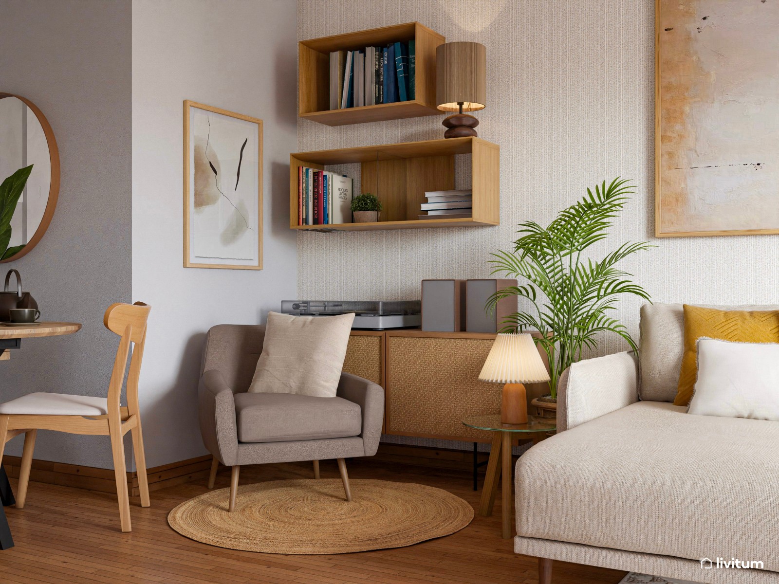 Acogedor salón de madera con iluminación cálida y comedor redondo de 21 m²