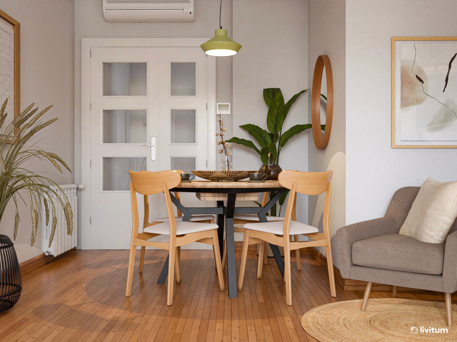 Acogedor salón de madera con iluminación cálida y comedor redondo de 21 m²