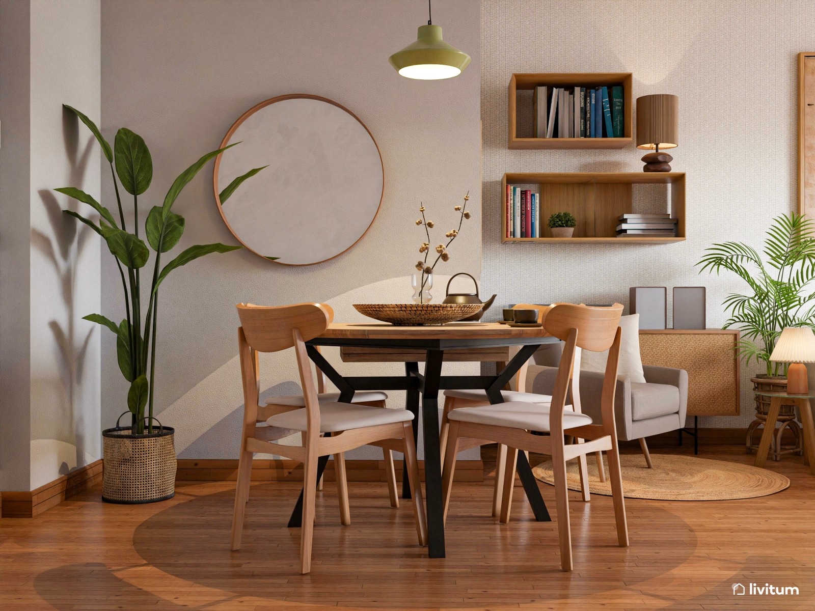 Acogedor salón de madera con iluminación cálida y comedor redondo de 21 m²