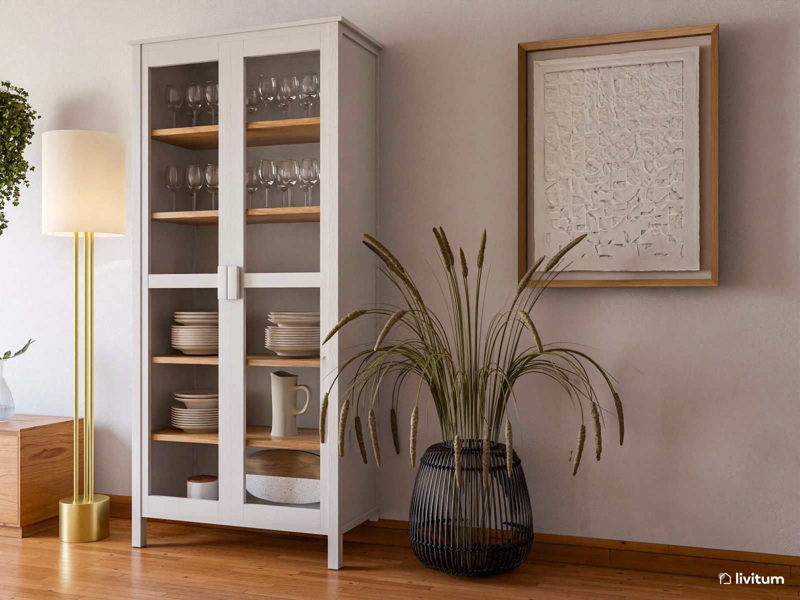 Acogedor salón de madera con iluminación cálida y comedor redondo de 21 m²