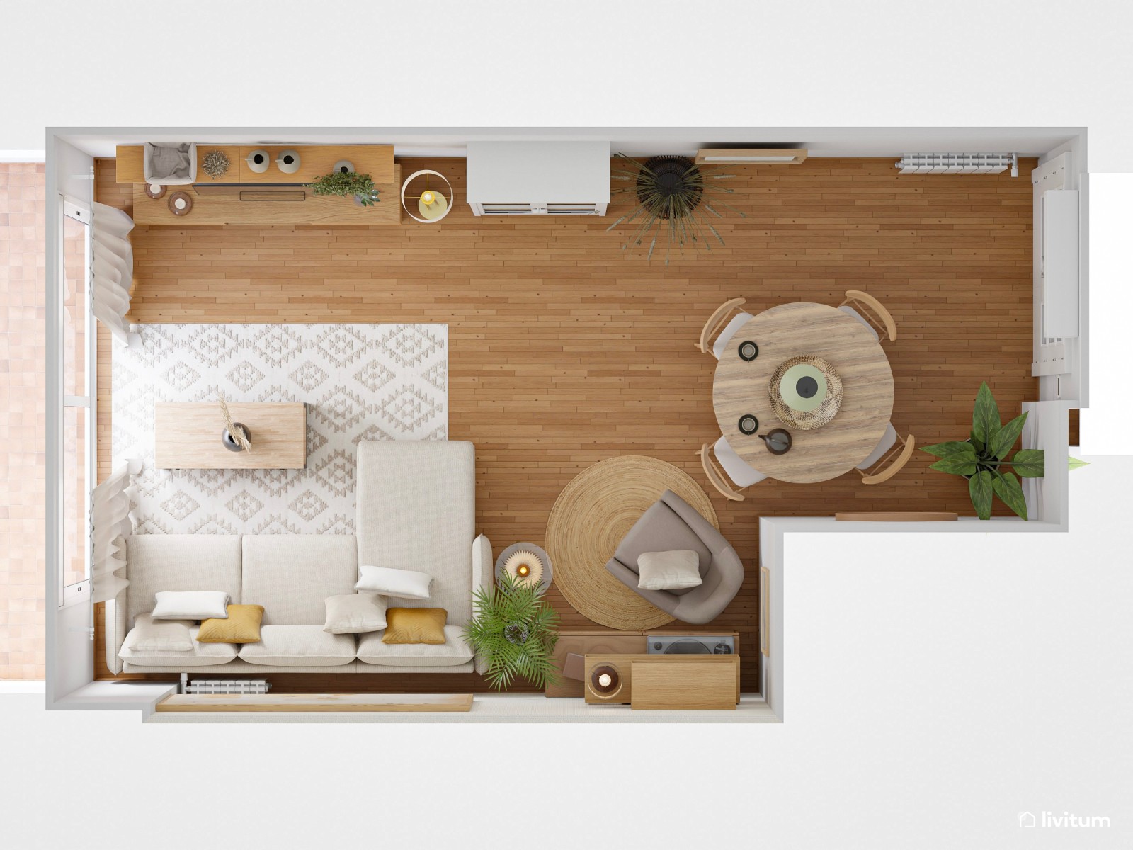 Acogedor salón de madera con iluminación cálida y comedor redondo de 21 m²