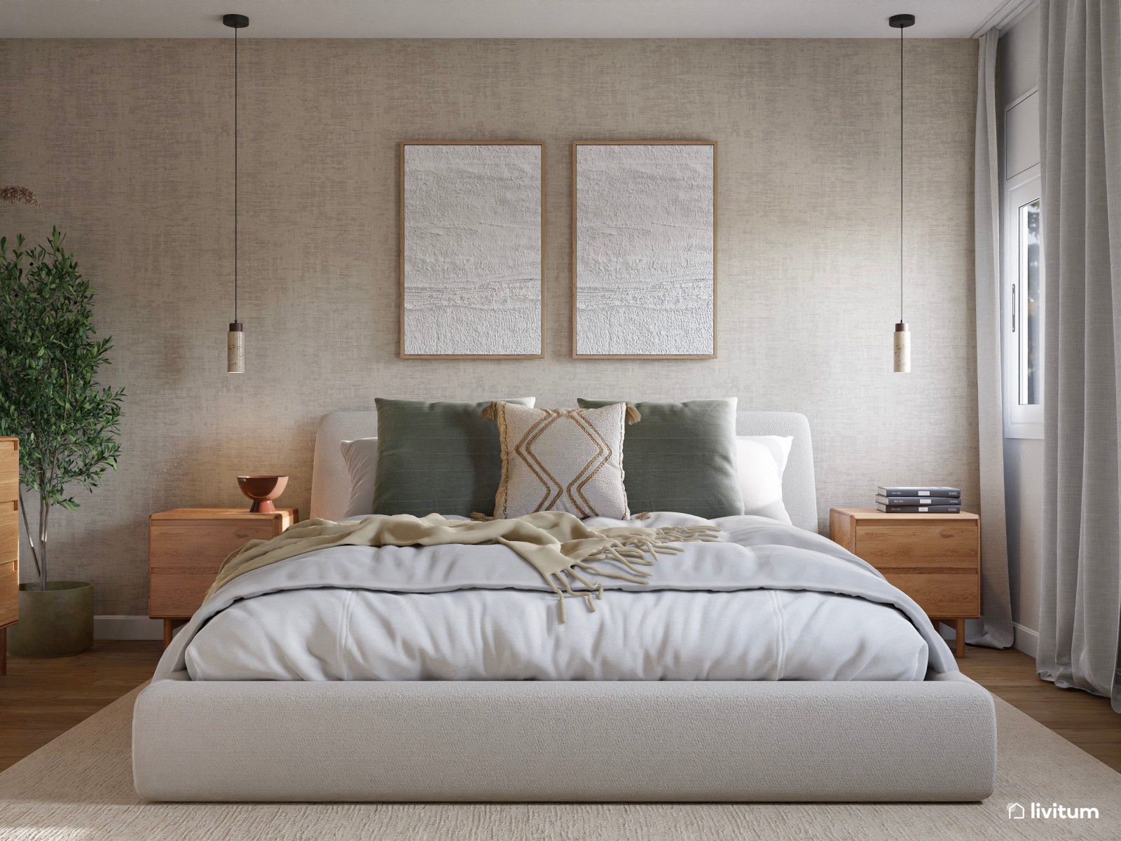 Agradable dormitorio de aspecto relajado con texturas elegantes