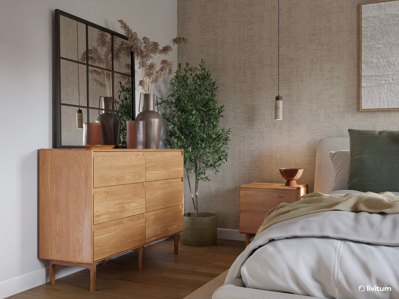 Agradable dormitorio de aspecto relajado con texturas elegantes