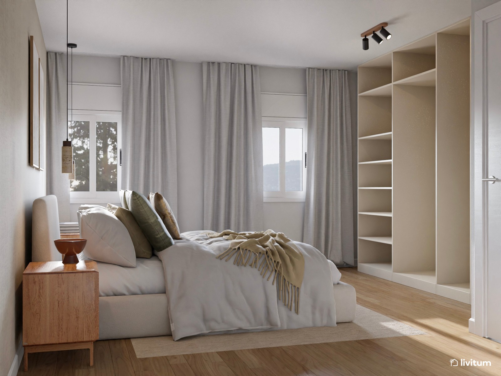 Agradable dormitorio de aspecto relajado con texturas elegantes