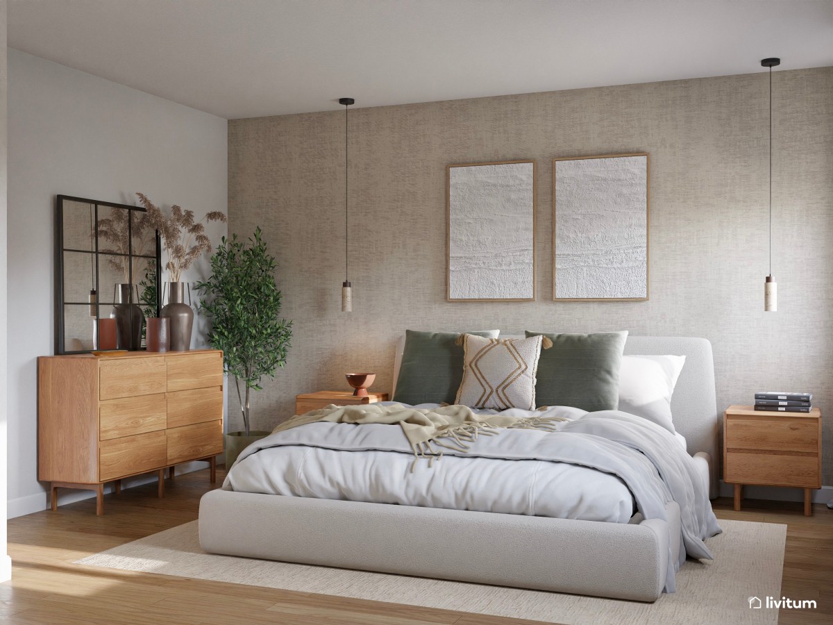 Agradable dormitorio de aspecto relajado con texturas elegantes
