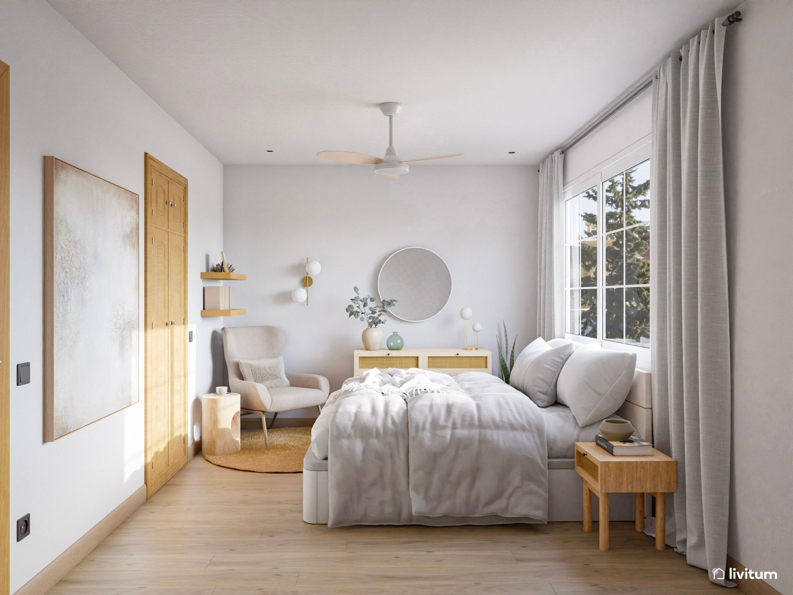 Agradable dormitorio doble con plácido rincón de lectura y decoración natural