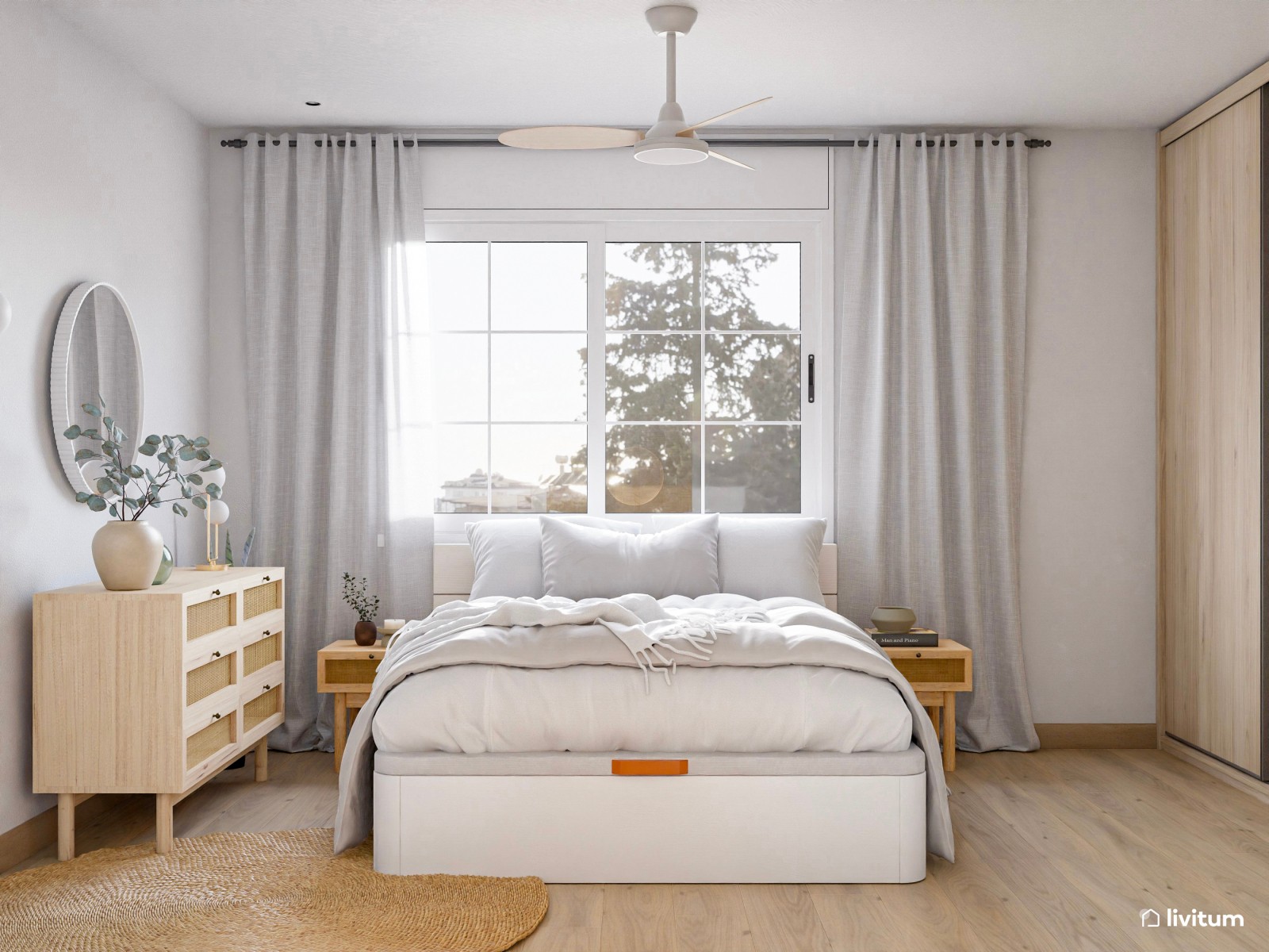 Agradable dormitorio doble con plácido rincón de lectura y decoración natural