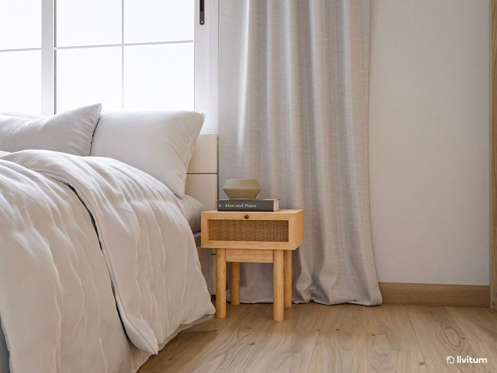 Agradable dormitorio doble con plácido rincón de lectura y decoración natural