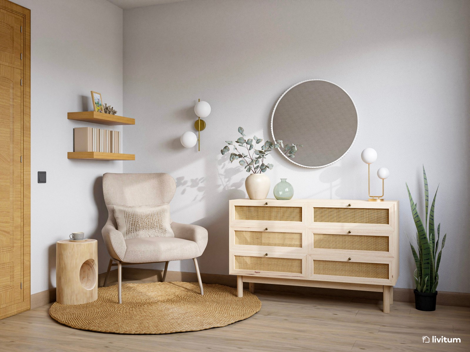 Agradable dormitorio doble con plácido rincón de lectura y decoración natural