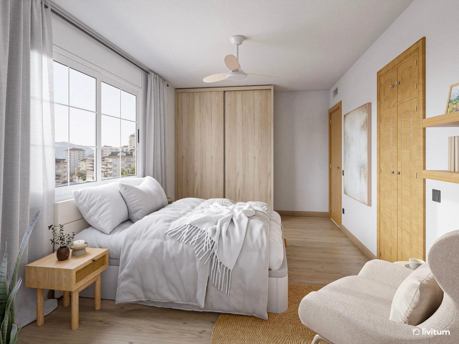 Agradable dormitorio doble con plácido rincón de lectura y decoración natural