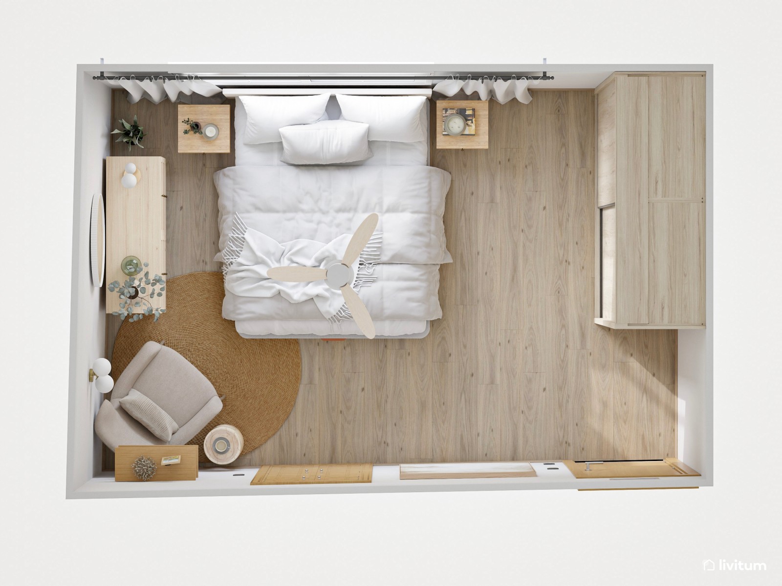 Agradable dormitorio doble con plácido rincón de lectura y decoración natural