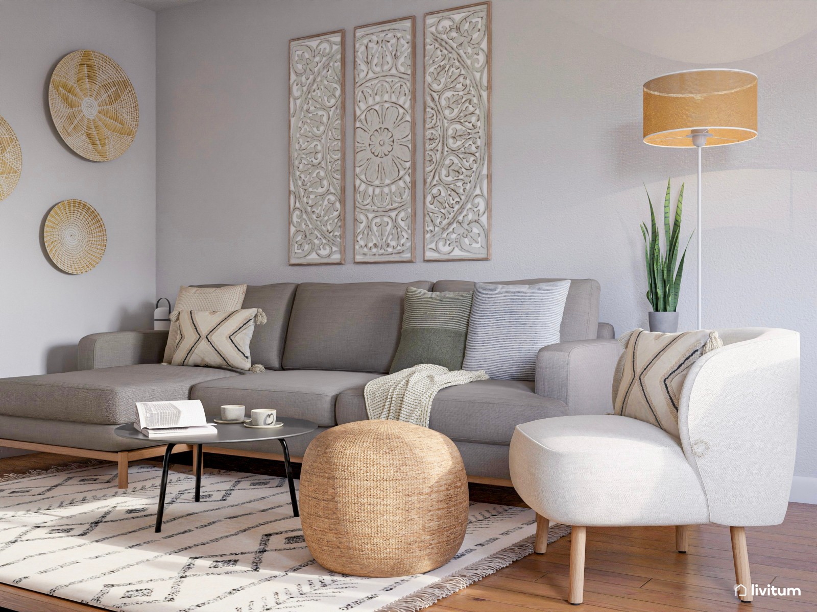 Agradable salón bohemio con televisor y elegante chimenea