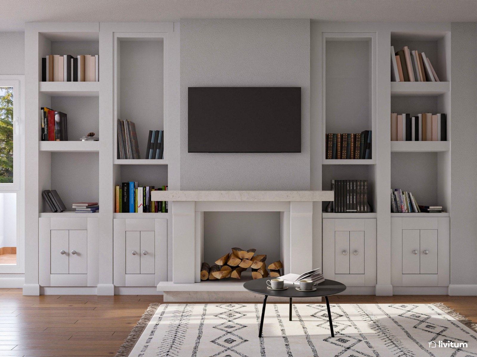 Agradable salón bohemio con televisor y elegante chimenea