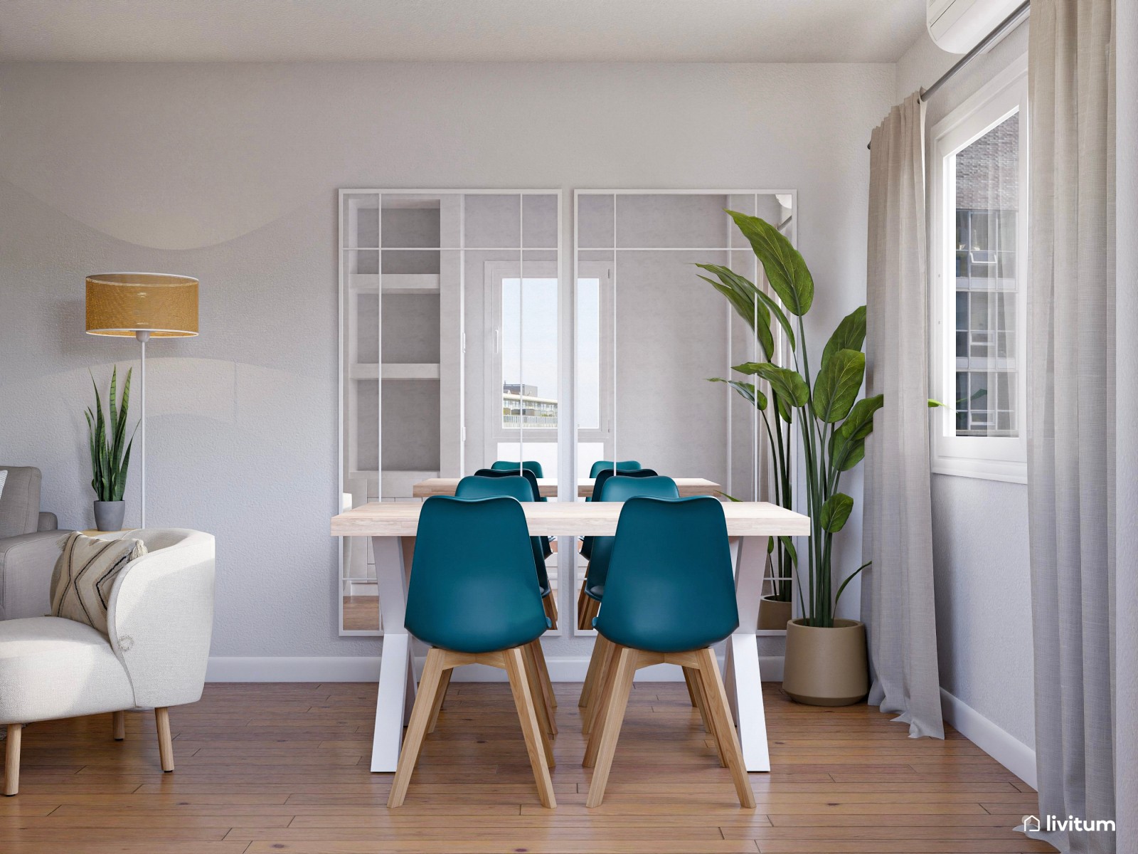 Agradable salón bohemio con televisor y elegante chimenea