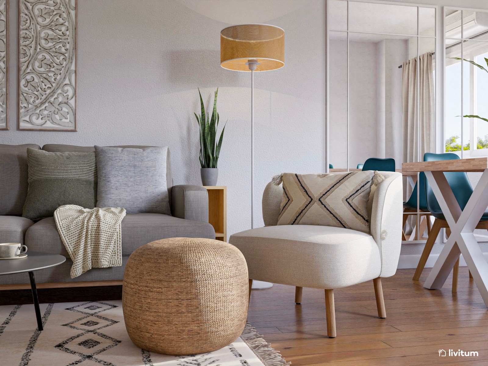 Agradable salón bohemio con televisor y elegante chimenea