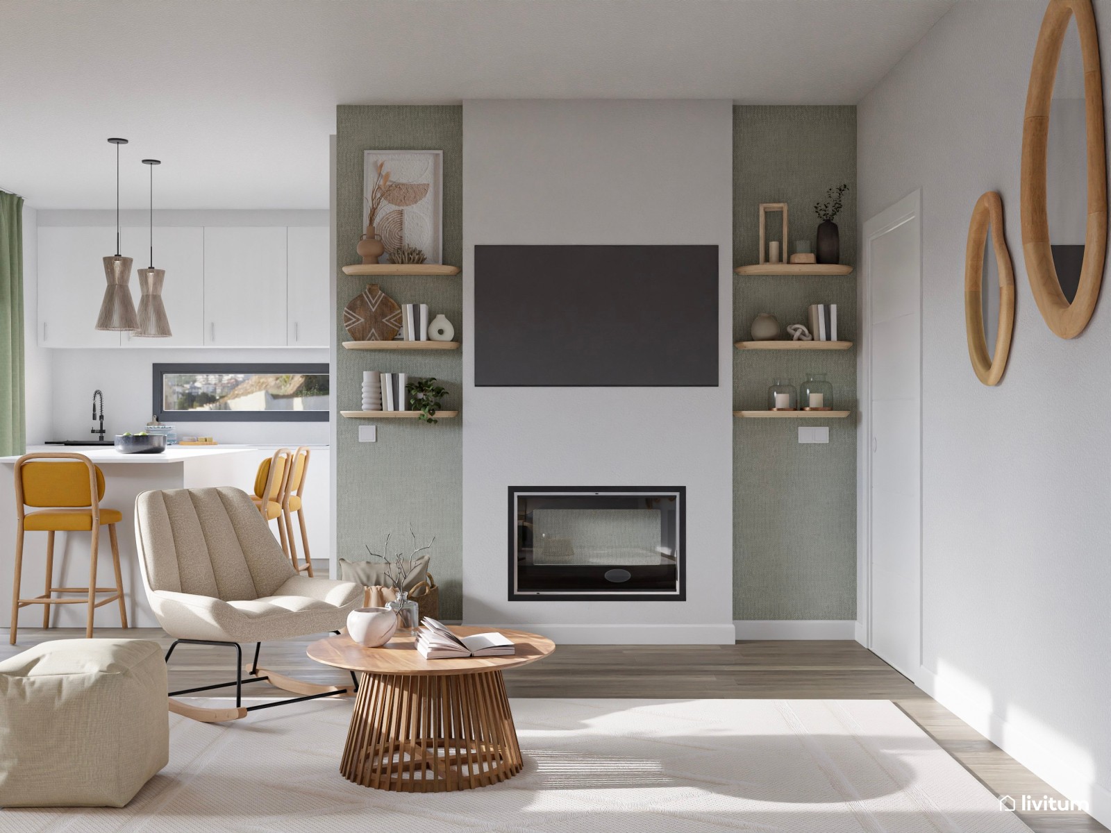 Agradable salón decorado en tonos claros, mostaza y verde suave