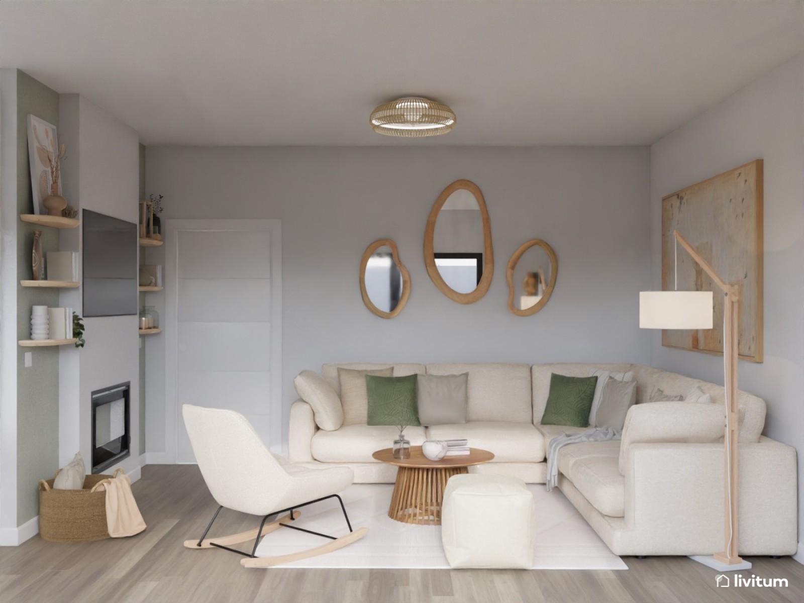 Agradable salón decorado en tonos claros, mostaza y verde suave