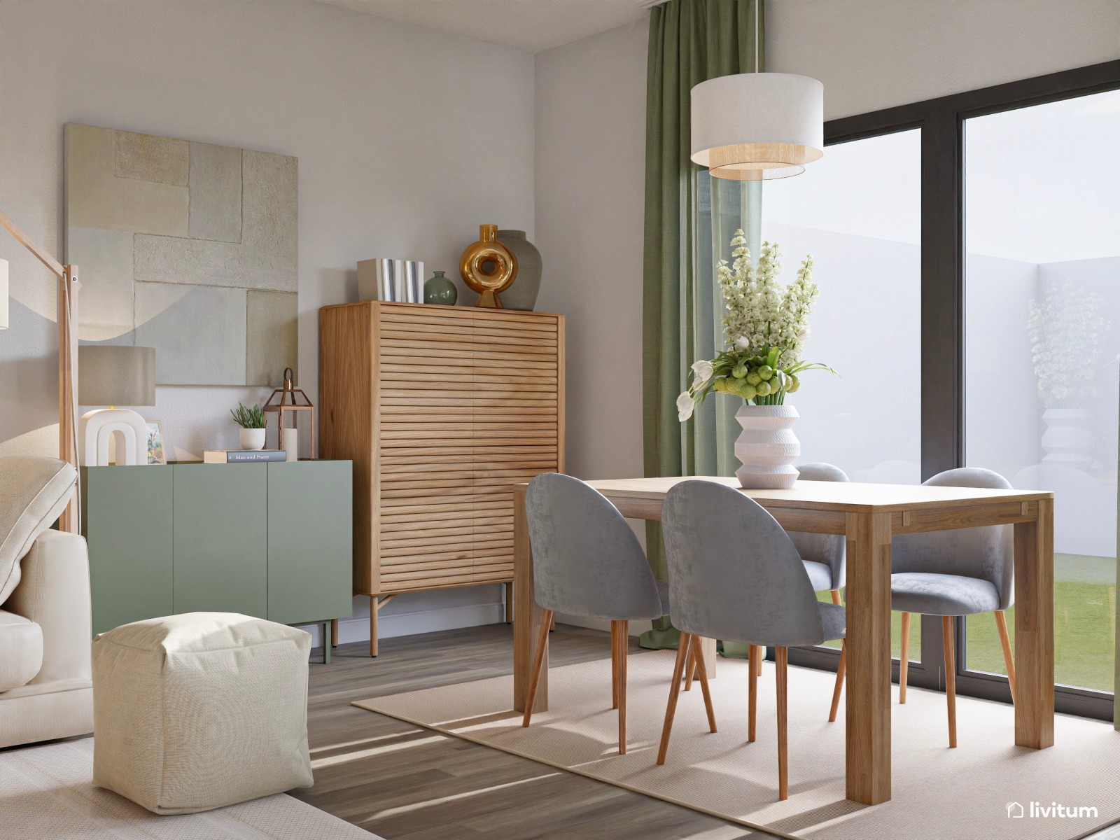 Agradable salón decorado en tonos claros, mostaza y verde suave