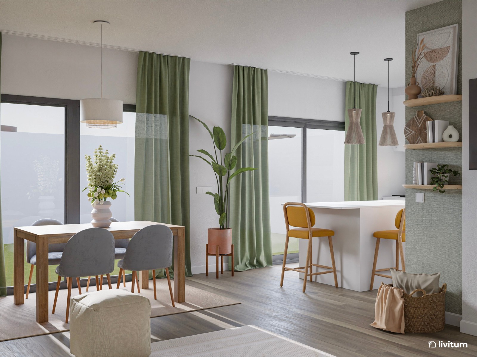 Agradable salón decorado en tonos claros, mostaza y verde suave