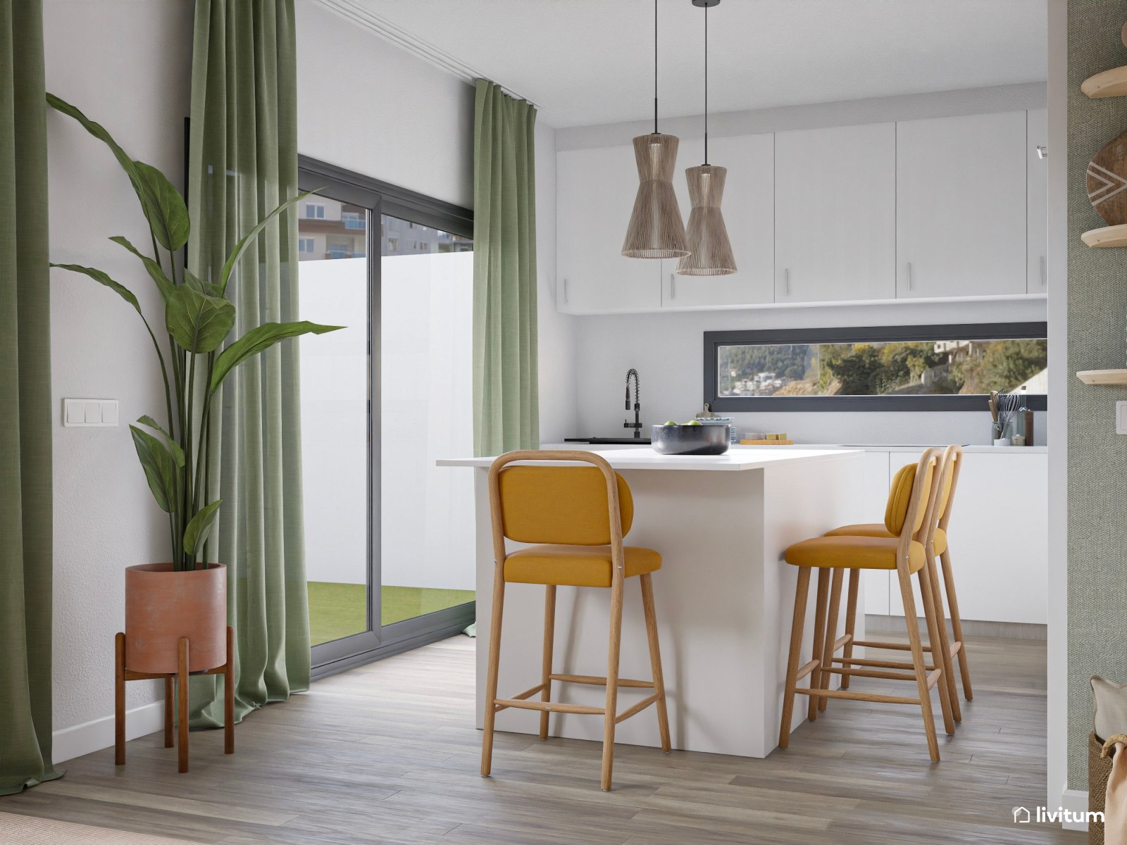 Agradable salón decorado en tonos claros, mostaza y verde suave