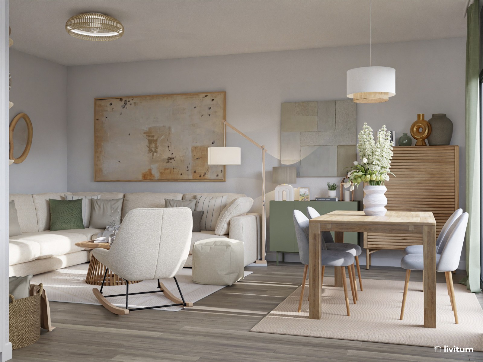 Agradable salón decorado en tonos claros, mostaza y verde suave