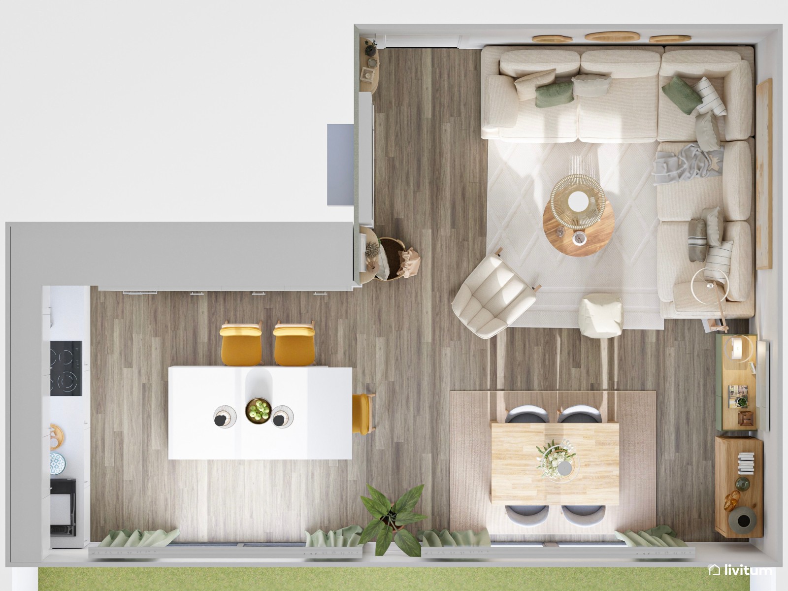 Agradable salón decorado en tonos claros, mostaza y verde suave