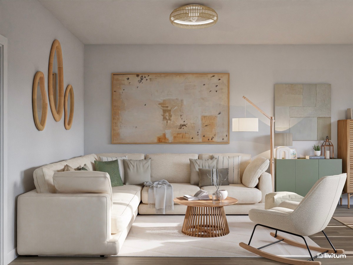 Agradable salón decorado en tonos claros, mostaza y verde suave