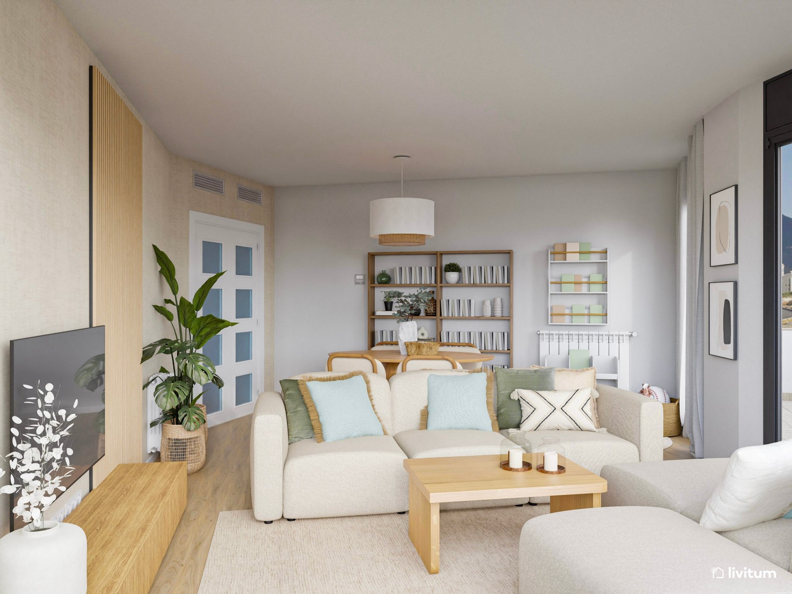 Agradable salón en madera y blanco cálido 