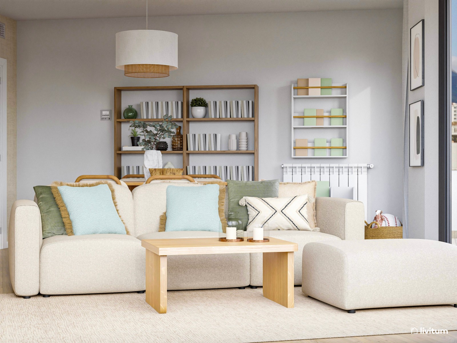 Agradable salón en madera y blanco cálido 